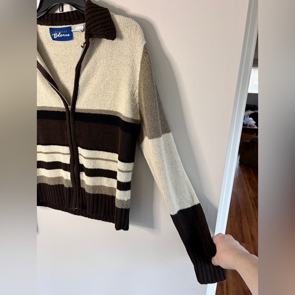 Y2K EXPRESS 90s Brown Rugby Striped Sweater Jacket Academia Preppy Après Size M - Picture 7 of 10